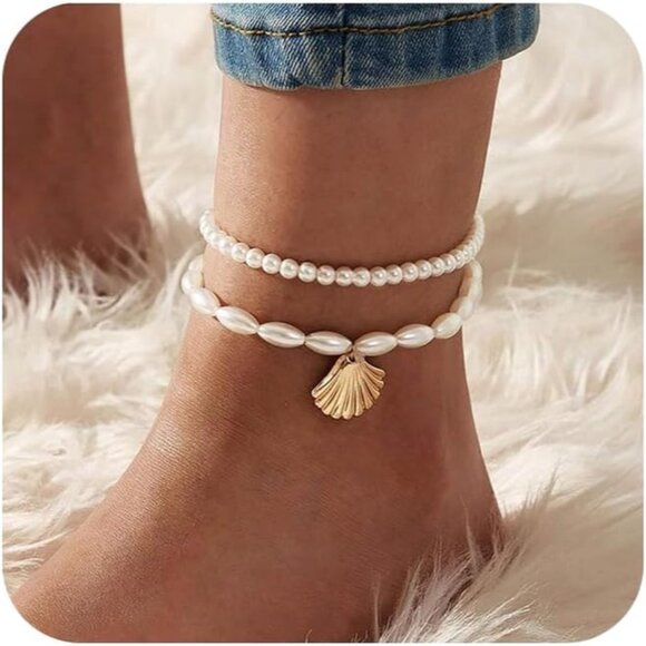 Chic 2-Piece Pearl Anklet Bracelets Set - Stylish & Lightweight for Daily Wear - Picture 1 of 6